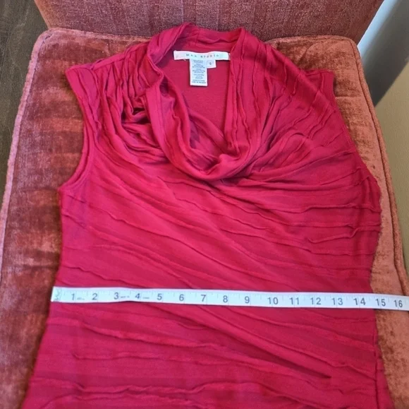 Max Studio Ruched & Textured Stretch Red Sleeveless Cowl Neck Sheath Dress Sz. S - Picture 8 of 10